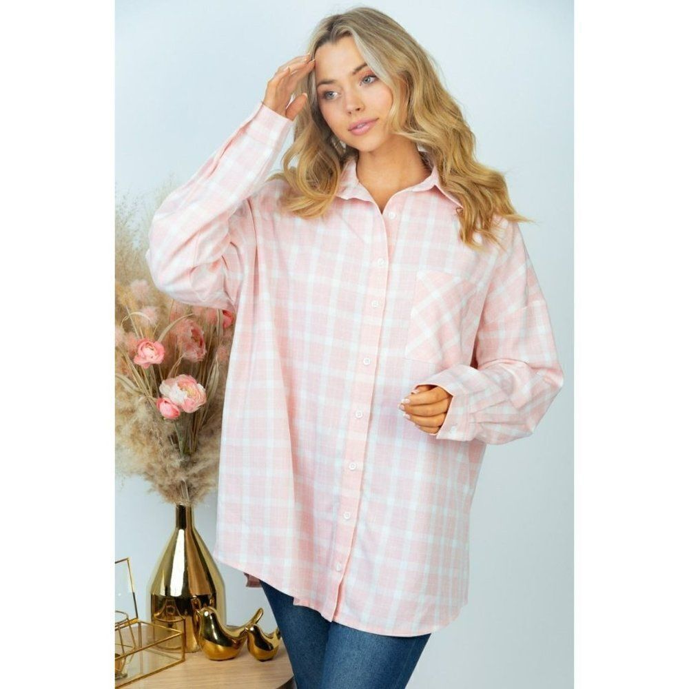 SALE! WHITE BIRCH Clothing Pink and White Plaid Shacket Button up Shirt T23663X - Picture 4 of 5